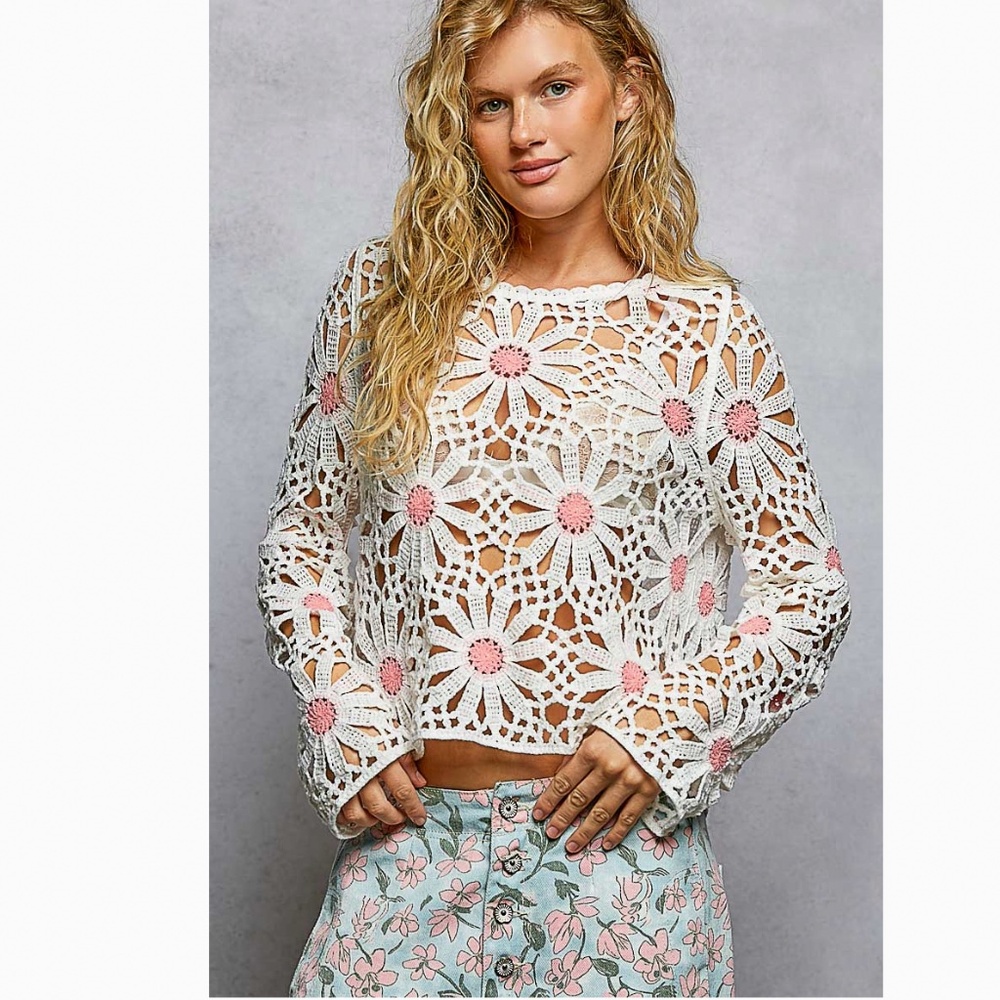 POL White Crochet Floral Knit Sweater with Pink Accents - Picture 3 of 8